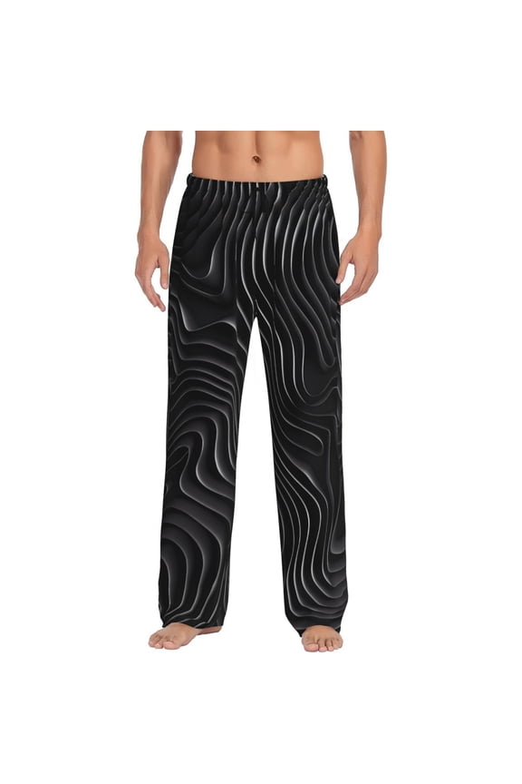 Abstract Black And White Waves Print Men's Sleep Pajama Pant Lounge Pants with Pockets-Small