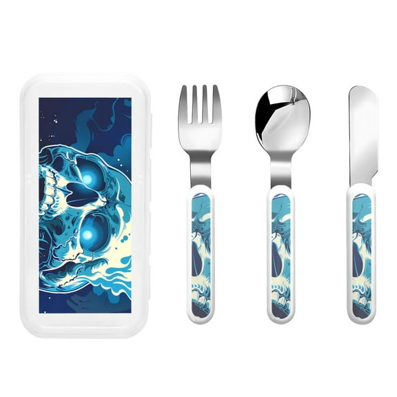 Kdxio Abstract Blue Skull Toddler Utensils Set - Kids Silverware Set, Set Kids Utensils Set with Case for Preschooler Children