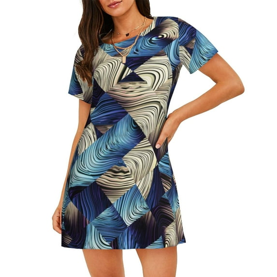 Kdxio Abstract Blue Squares Pattern Womens Short Sleeve Sleepshirt Scoopneck Cute Nightdress Ruffle Comfy Nightgown
