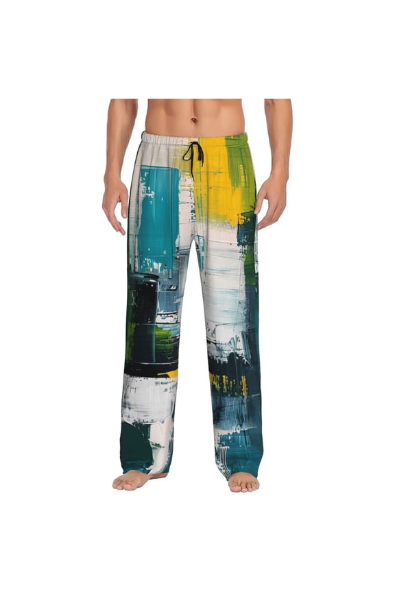 Abstract Brushstrokes Green Blue Print Men's Sleep Pajama Pant Lounge Pants with Pockets-Small