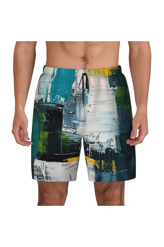 Abstract Brushstrokes Green Blue Print Men's Swim Trunks with Compression Liner 7 Inch Inseam Quick Dry Swim Shorts