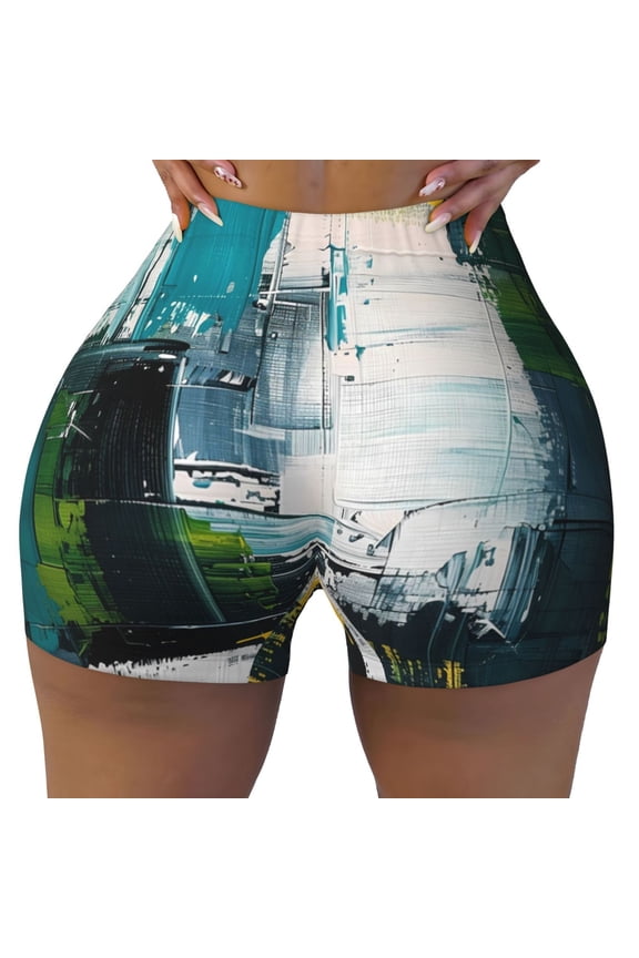 Abstract Brushstrokes Green Blue Print Workout Shorts for Women Seamless Soft Smooth Gym Yoga Scrunch Active Shorts