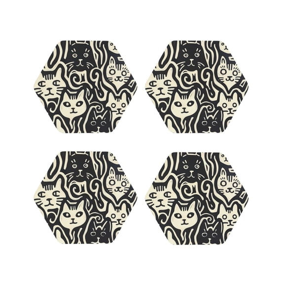 Kdxio Abstract Cat Faces Pattern Funny Coasters,4 Pcs Leather Coasters,Housewarming Gifts,Protect Furniture from Water Marks Scratch and Damage