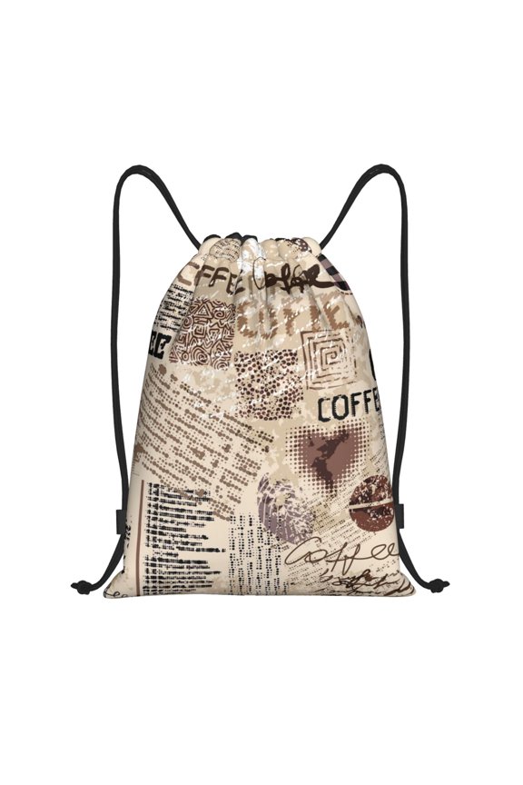 Abstract Coffee Pattern With Letters Print Drawstring Backpack Bag,Waterproof Draw String Back Sack, Gym Drawstring Bags Swim Bag For Unisex