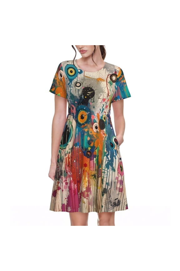 Abstract Colorful Dripping Circles Pattern Summer Dresses for Women Casual Tshirt Short Sleeve Floral Sundress Beach Cover Ups with Pockets