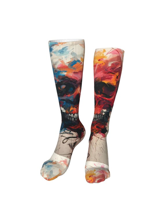 Abstract Colorful Skull Art Funny Silky Novelty Funky Long Knee High Socks Soft 3D Print Cosplay Crazy Stockings for Men Women