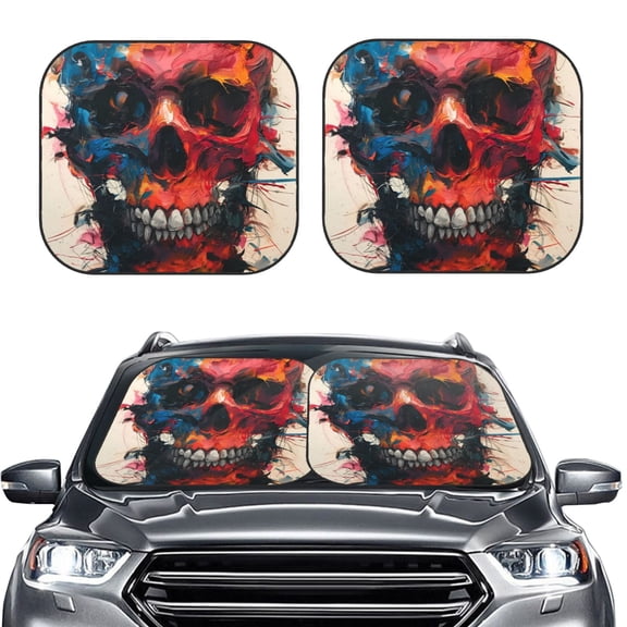 Kdxio Abstract Colorful Skull Art Print 2-Piece Sun Shade Front Windshield - Foldable Car Front Window Sunshades for Most Sedans SUV Truck