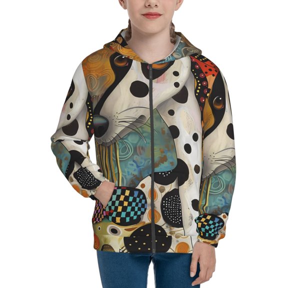 Kdxio Abstract Dalmatian Art Pattern Kids Boys Girls Zip Up Hoodie 3D Printed Hooded Sweatshirt Hoody Coat with Pocket 7-12 Y-Medium