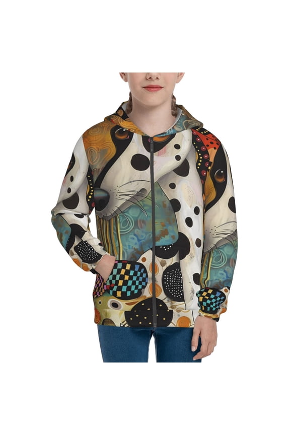 Abstract Dalmatian Art Pattern Kids Boys Girls Zip Up Hoodie 3D Printed Hooded Sweatshirt Hoody Coat with Pocket 7-12 Y-Medium
