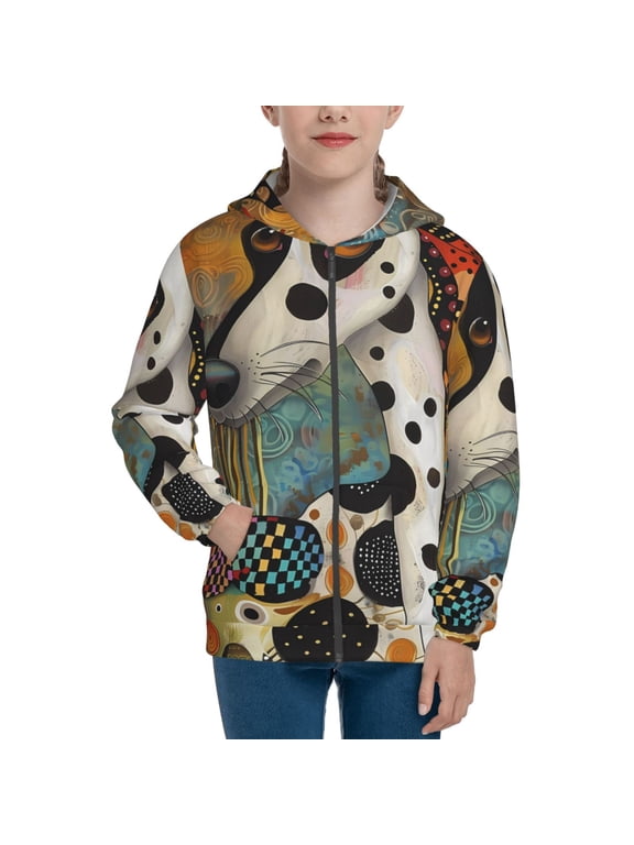 Abstract Dalmatian Art Pattern Kids Boys Girls Zip Up Hoodie 3D Printed Hooded Sweatshirt Hoody Coat with Pocket 7-12 Y-Medium