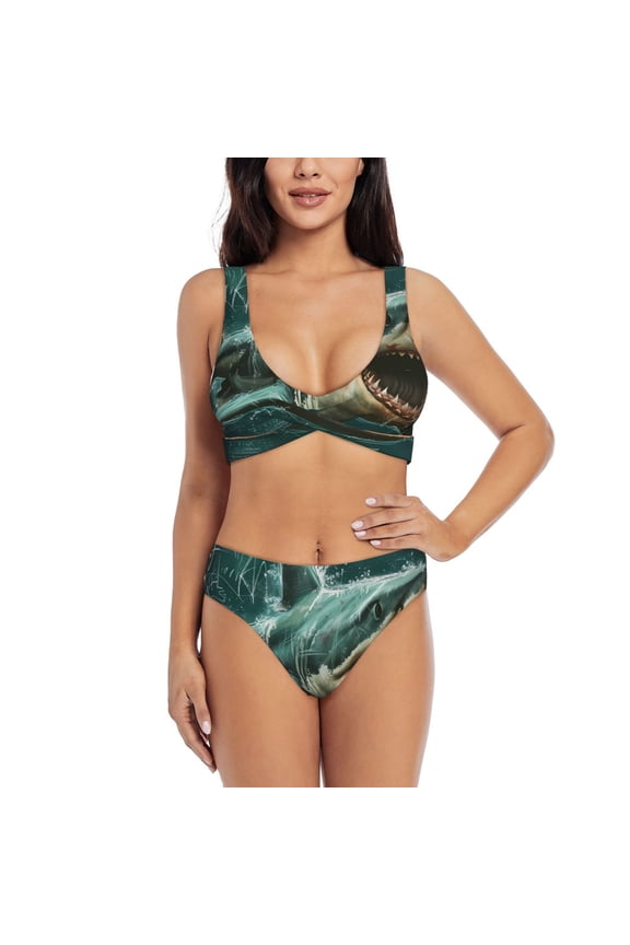 Abstract Geometric Shark Print Women's 2 Piece High Waisted Wrap Spaghetti Strap Summer Swimsuit Bikini Set-XX-Large
