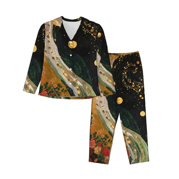 Kdxio Abstract Gold Floral Galaxy Women's Pajama Sets Long Sleeve Button Down Sleepwear Nightwear Soft Pjs Lounge Sets-XX-Large