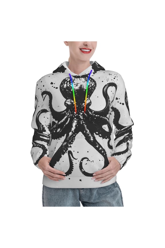 Abstract Ink Octopus Print Womens Oversized Hoodies Sweatshirts Hooded Pullover Tops Sweaters Casual-Large