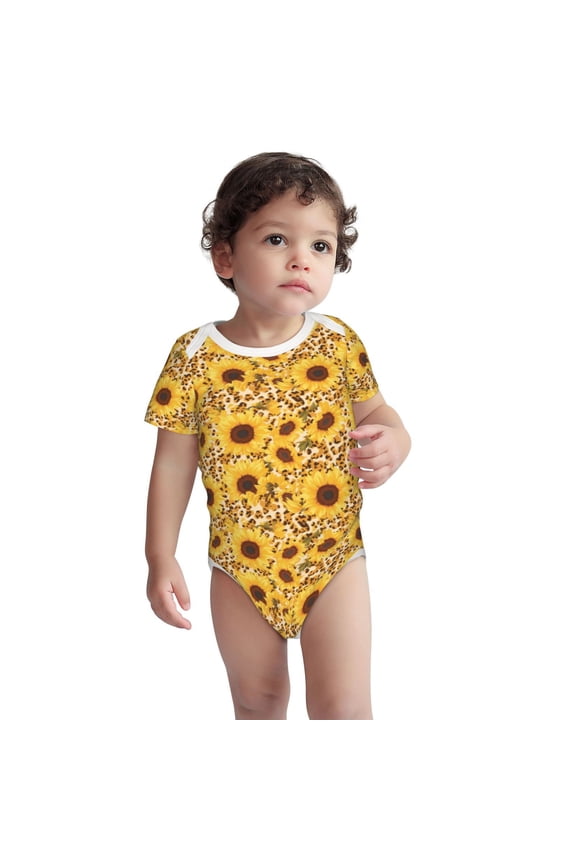 Abstract Leopard Print Sunflower Pattern Unisex Baby Cotton Short Sleeve Bodysuits-12 Months