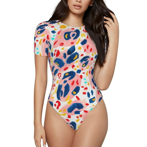 Kdxio Abstract Leopard Print for Women's Short-Sleeved Onesie Stylish Round Neck Pajamas Bodysuit Jumpsuit Nightwear-Large