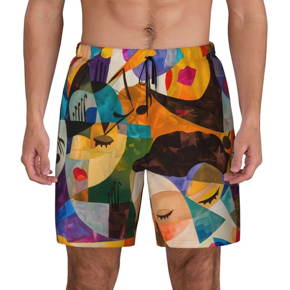 Kdxio Abstract Musical Faces Print Men's Swim Trunks with Compression Liner 7 Inch Inseam Quick Dry Swim Shorts