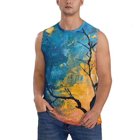 Kdxio Abstract Night Sky Tree for Men's Muscle T-shirt,Sleeveless for Workout Running Athletic Gym Lounge Casual