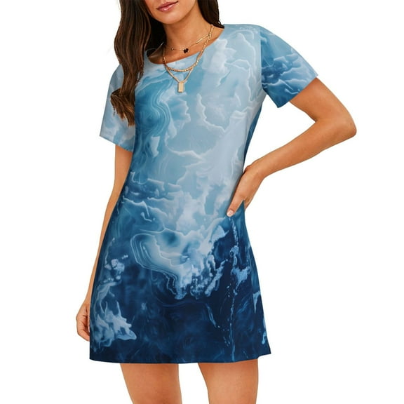 Kdxio Abstract Ocean Waves Pattern Womens Short Sleeve Sleepshirt Scoopneck Cute Nightdress Ruffle Comfy Nightgown