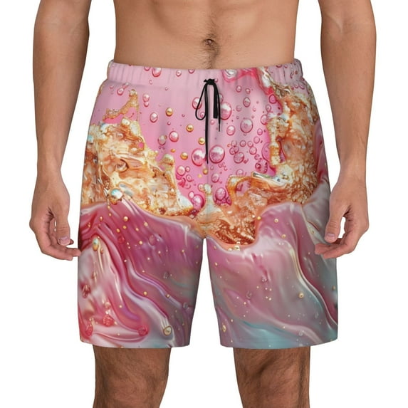 Kdxio Abstract Pink Gold Splash Print Men's Swim Trunks with Compression Liner 7 Inch Inseam Quick Dry Swim Shorts
