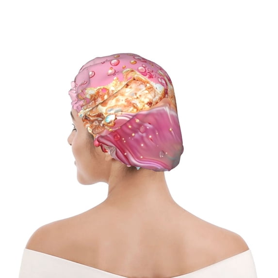 Kdxio Abstract Pink Gold Splash Print Shower Cap for Women,Elastic and Reusable,Double Waterproof Layers Bathing Hat