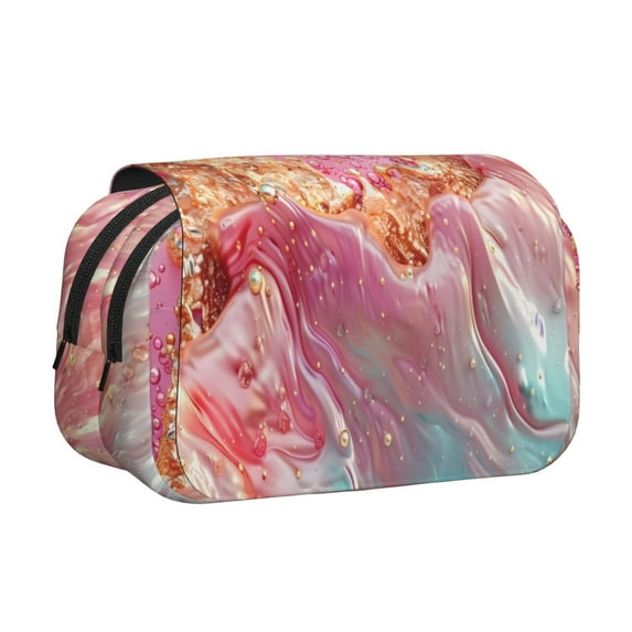 Kdxio Abstract Pink Gold Splash for Double Compartment Pen Case Oxford Organizer with Zipper Pockets for Students Artists