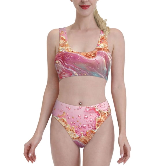 Kdxio Abstract Pink Gold Splash for Womens High Waisted Bikini Top Sports Style Two Piece Bathing Suits