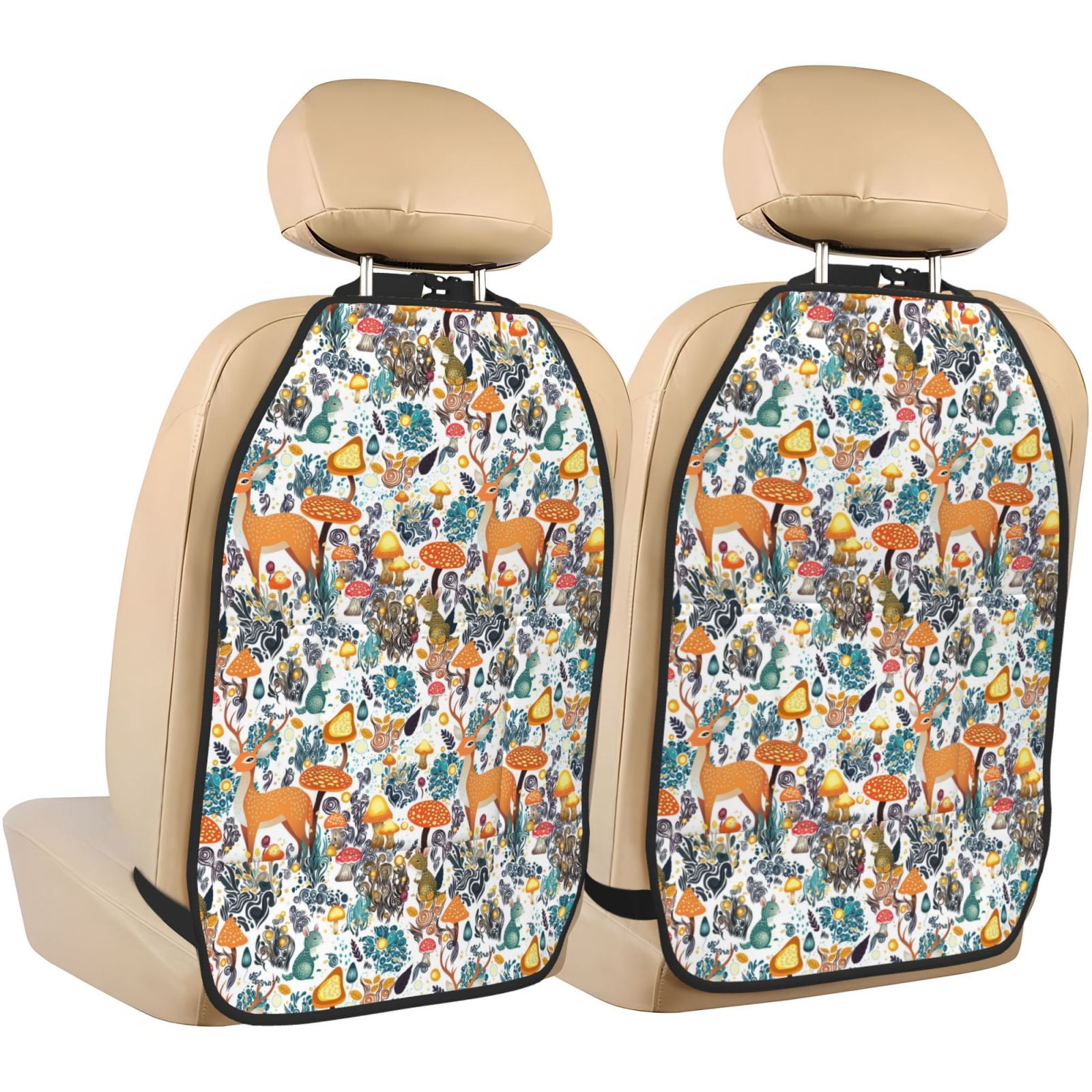 Kdxio Abstract Plants Mushroom Deer Print 2 Pack Car Kick Mat Seat Cover Back Protector Mat with Pockets for Organizer Backseat Protector and Storage Anti Kick Pad for Vehicles