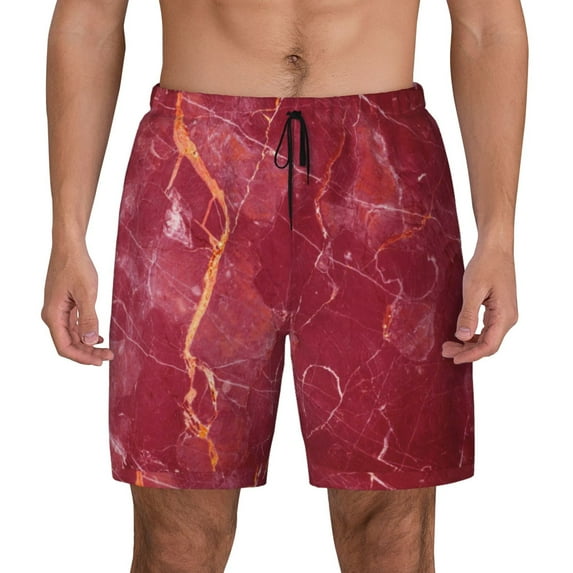Kdxio Abstract Red Marble Print Men'S Swim Trunks With Compression Liner 7 Inch Inseam Quick Dry Swim Shorts