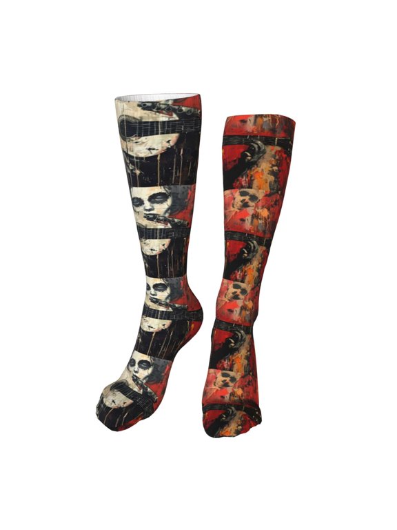 Abstract Skull Guitar Art Funny Silky Novelty Funky Long Knee High Socks Soft 3D Print Cosplay Crazy Stockings for Men Women