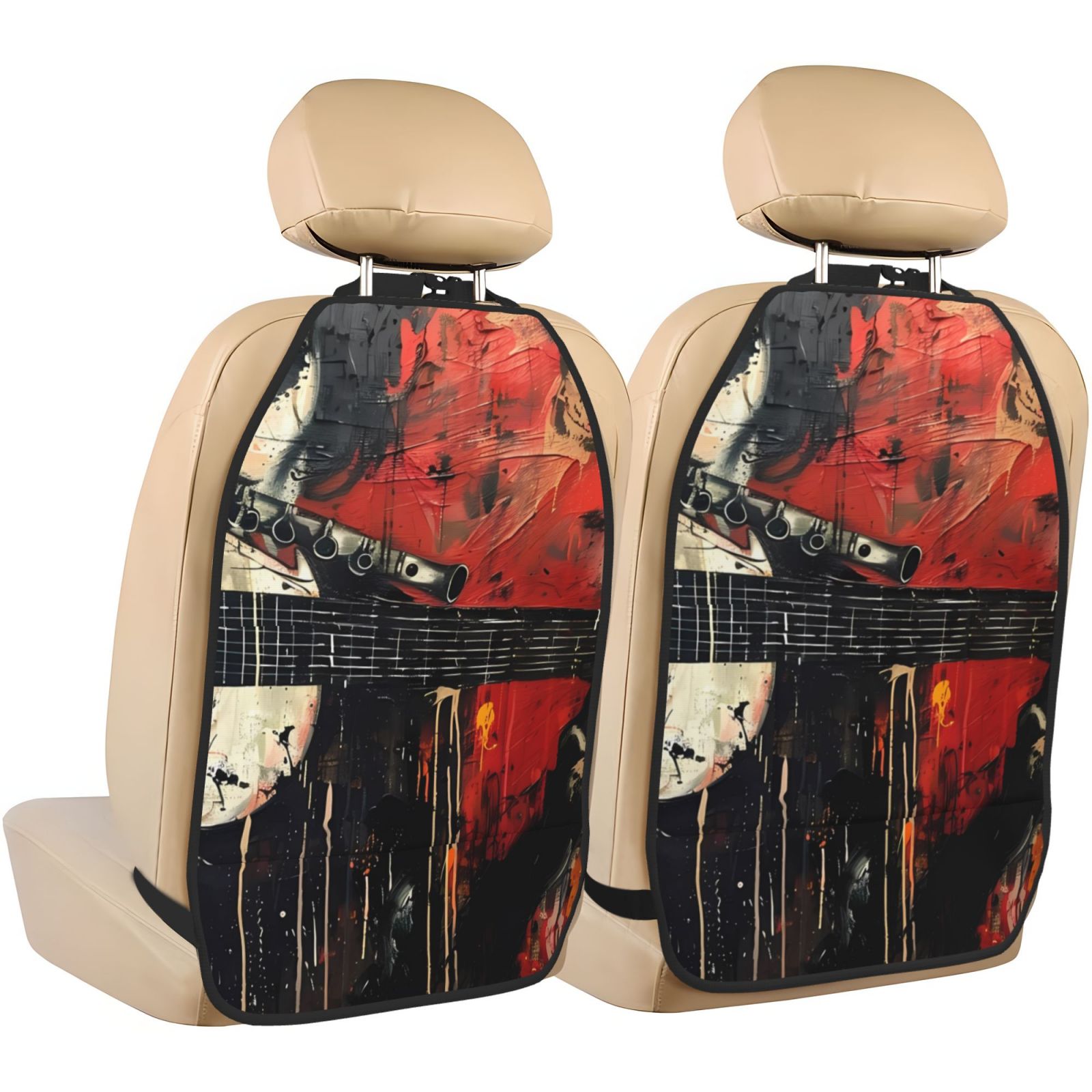 Kdxio Abstract Skull Guitar Art Print 2 Pack Car Kick Mat Seat Cover Back Protector Mat with Pockets for Organizer Backseat Protector and Storage Anti Kick Pad for Vehicles