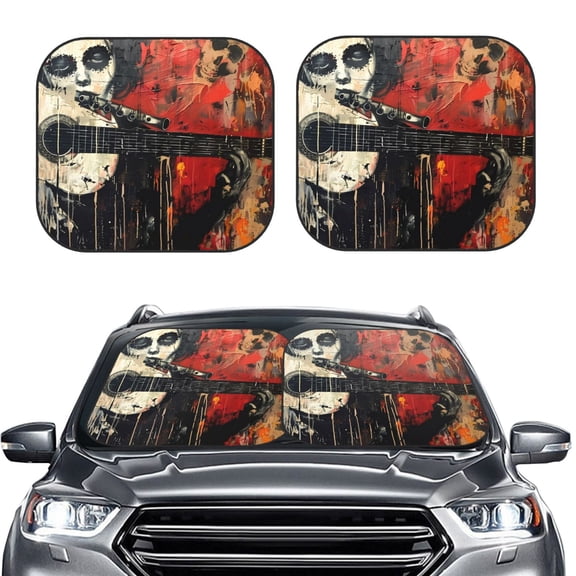 Kdxio Abstract Skull Guitar Art Print 2-Piece Sun Shade Front Windshield - Foldable Car Front Window Sunshades for Most Sedans SUV Truck