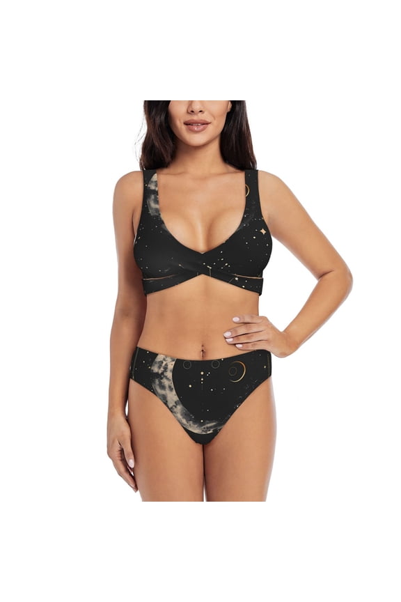 Abstract Starry Sky Moon Print Women's 2 Piece High Waisted Wrap Spaghetti Strap Summer Swimsuit Bikini Set-Medium