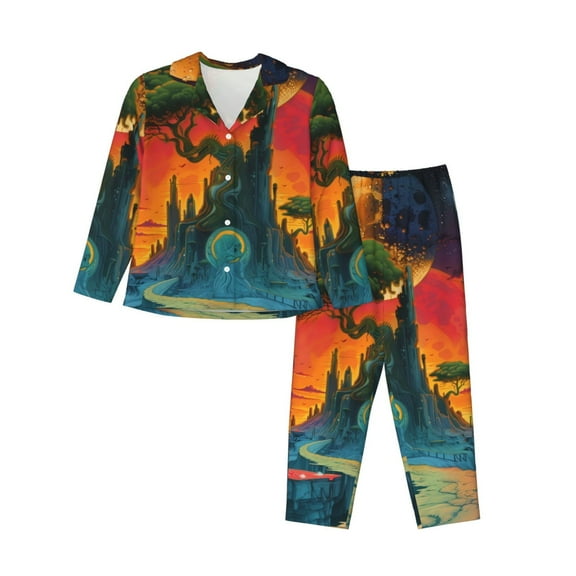 Kdxio Abstract Tree Castle Women's Pajama Sets Long Sleeve Button Down Sleepwear Nightwear Soft Pjs Lounge Sets-XX-Large