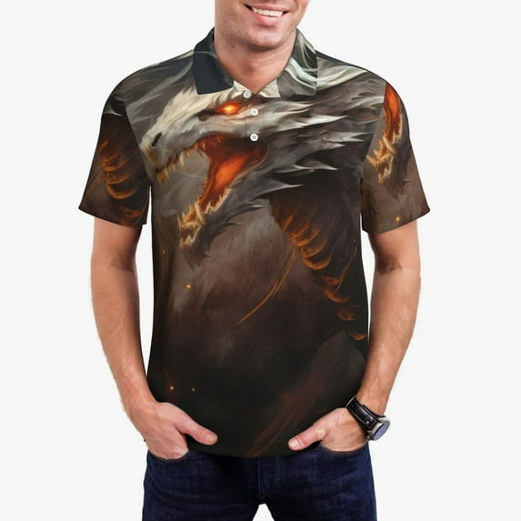 Kdxio Abstract White Dragon Print Men's Short Sleeve Polo Shirt,Midweight Men's Shirt