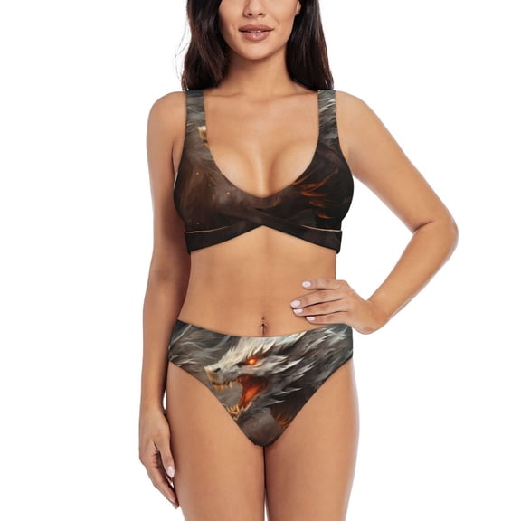 Kdxio Abstract White Dragon Print Women's 2 Piece High Waisted Wrap Spaghetti Strap Summer Swimsuit Bikini Set-Large