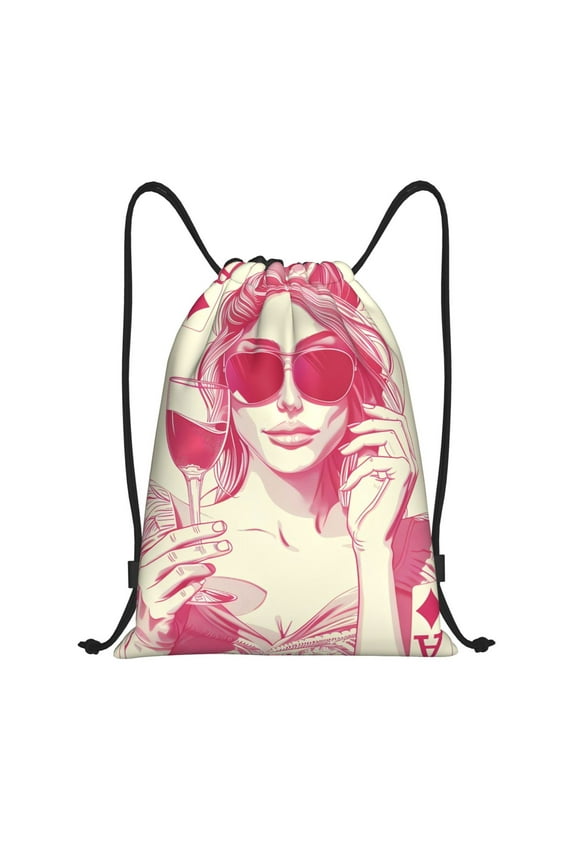 Ace Of Diamonds Lady Print Drawstring Backpack Bag,Waterproof Draw String Back Sack, Gym Drawstring Bags Swim Bag For Unisex