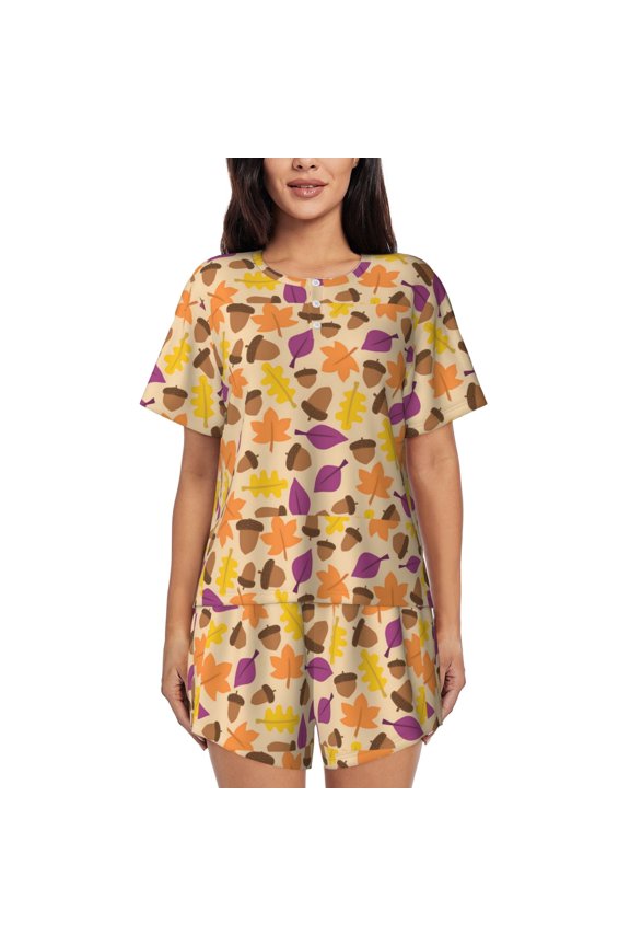Acorn Autumn Fall Leaf Leaves Print Pajamas Sets for Women Short-Sleeved Pjs with Lounge Shorts Two Piece Sleepwear S-4XL
