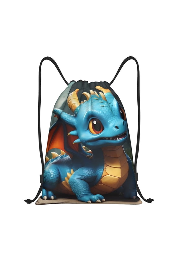 Adorable Blue Baby Dragon Print Drawstring Backpack Bag,Waterproof Draw String Back Sack, Gym Drawstring Bags Swim Bag For Unisex