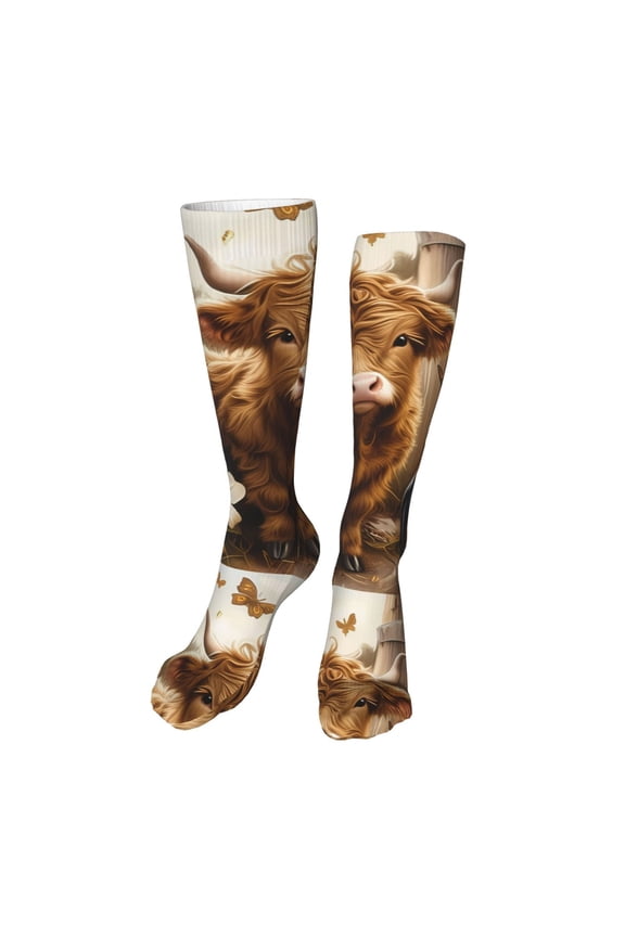 Adorable Calf Butterflies Champagne Funny Silky Novelty Funky Long Knee High Socks Soft 3D Print Cosplay Crazy Stockings for Men Women