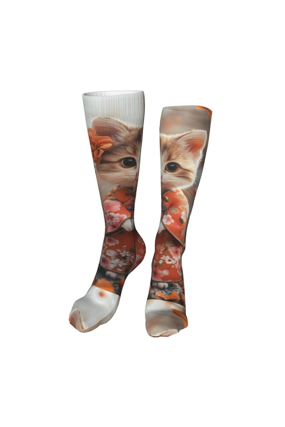 Adorable Kitten In Kimono Funny Silky Novelty Funky Long Knee High Socks Soft 3D Print Cosplay Crazy Stockings for Men Women