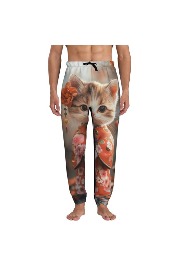 Adorable Kitten In Kimono Pattern Joggers,Sweatpants for Men with Pockets-Medium
