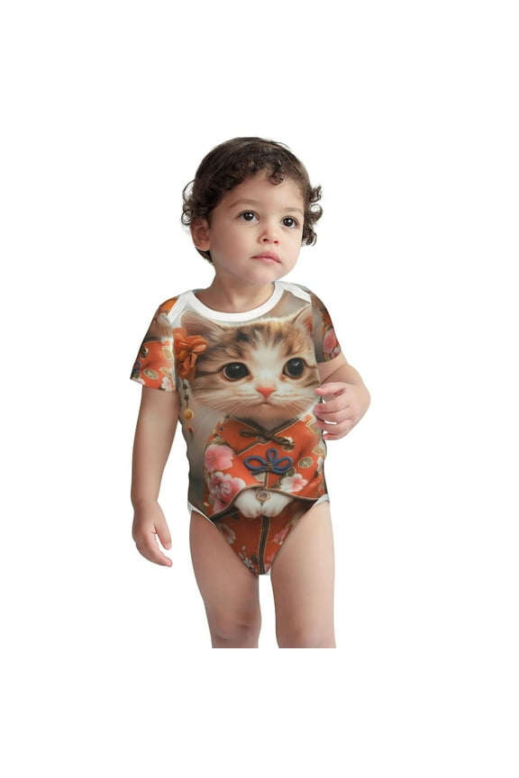 Adorable Kitten In Kimono Pattern Unisex Baby Cotton Short Sleeve Bodysuits-12 Months