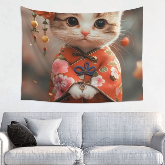 Kdxio Adorable Kitten In Kimono Wall Hanging Tapestries Banner For Bedroom College Dorm Home Living Room Party Decor 29X37 In