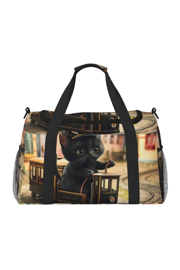 Adorable Kitten On Mini Train Travel Duffel Bag Gym Bag Weekender Travel Bag Gym Bag for Women &Men Airplane Travel Essentials for Flying