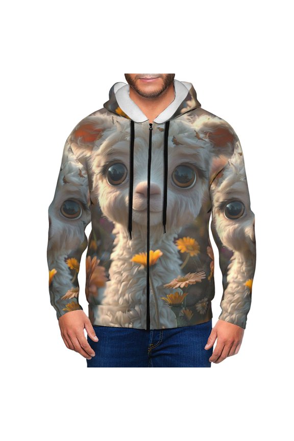 Adorable Llama In Flowers Print Men Hoodies Casual Hoodies for Men with Zip Pockets Full Zip Long Sleeve Sweatshirt Sports Hooded Jacket-Medium