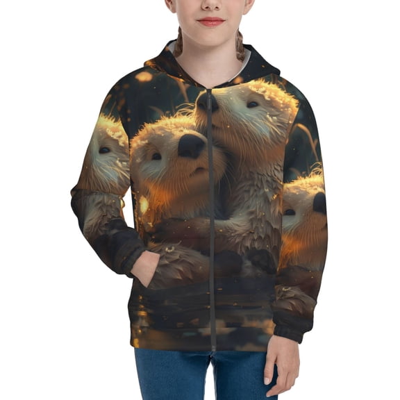 Kdxio Adorable Otter Pair Hug Pattern Kids Boys Girls Zip Up Hoodie 3D Printed Hooded Sweatshirt Hoody Coat with Pocket 7-12 Y-Medium