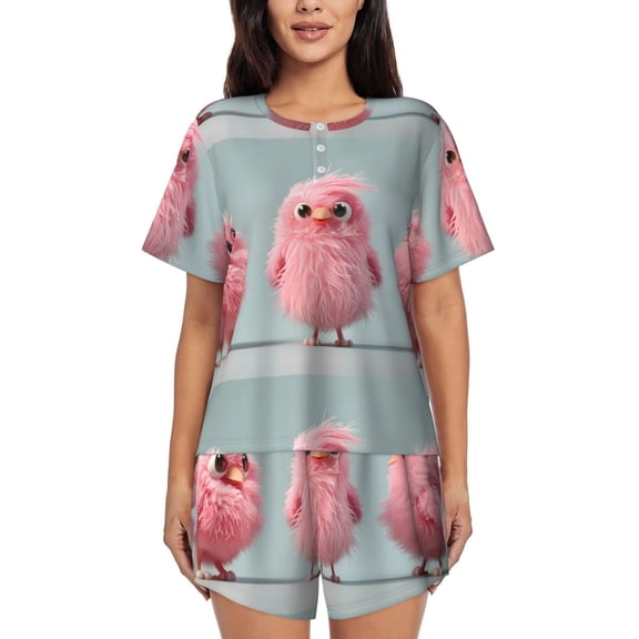 Kdxio Adorable Pink Fluffy Birds Print Pajamas Sets for Women Short-Sleeved Pjs with Lounge Shorts Two Piece Sleepwear S-4XL