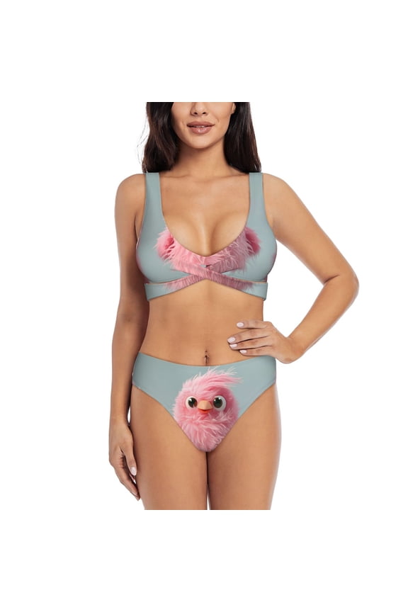 Adorable Pink Fluffy Birds Print Women's 2 Piece High Waisted Wrap Spaghetti Strap Summer Swimsuit Bikini Set-X-Large