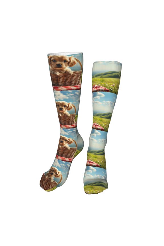Adorable Puppy Basket Funny Silky Novelty Funky Long Knee High Socks Soft 3D Print Cosplay Crazy Stockings for Men Women