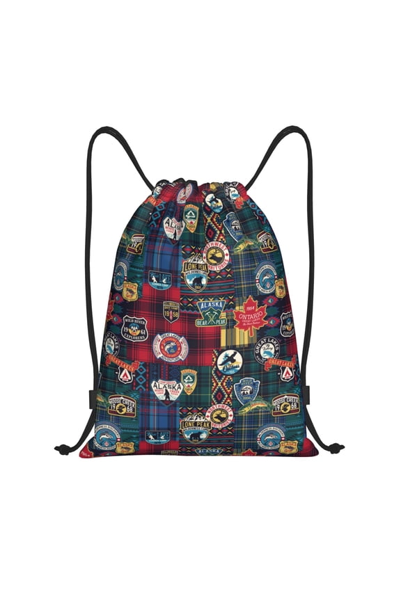 Adventure Camping Badge Print Drawstring Backpack Bag,Waterproof Draw String Back Sack, Gym Drawstring Bags Swim Bag For Unisex